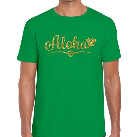 Aloha goud glitter hawaii t-shirt groen heren