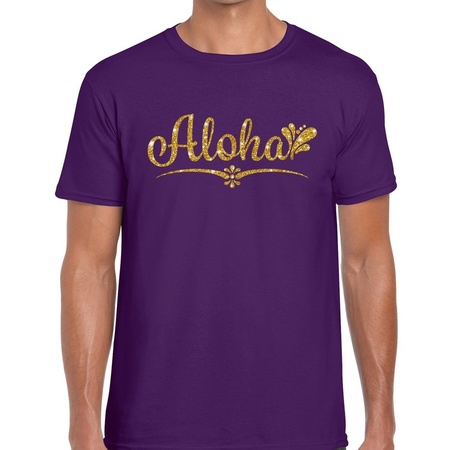 Aloha goud glitter hawaii t-shirt paars heren
