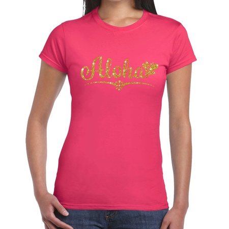 Aloha goud glitter hawaii t-shirt roze dames