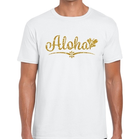 Aloha goud glitter hawaii t-shirt wit heren