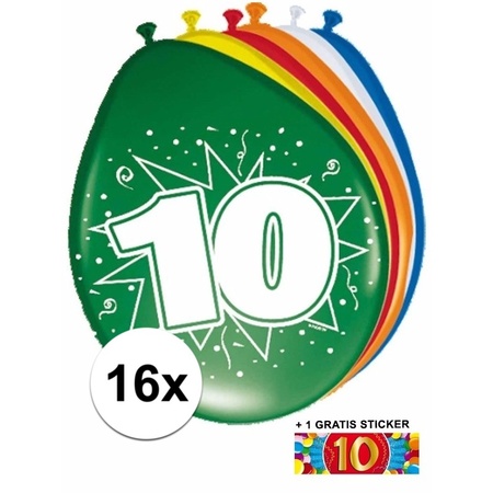 Versiering 10 jaar ballonnen 30 cm 16x + sticker