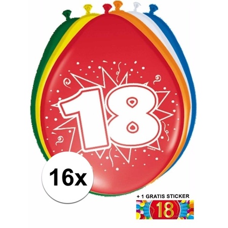Versiering 18 jaar ballonnen 30 cm 16x + sticker