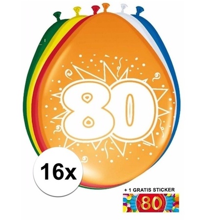 Versiering 80 jaar ballonnen 30 cm 16x + sticker