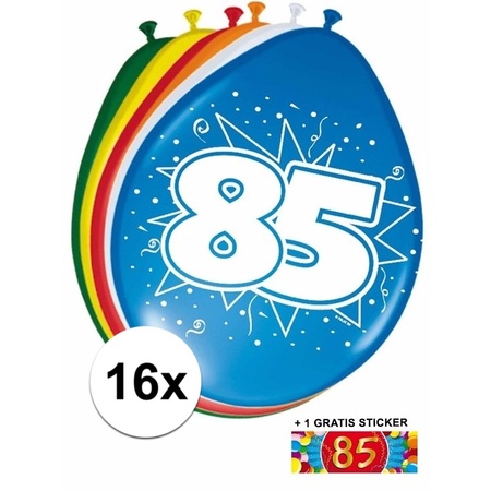 Versiering 85 jaar ballonnen 30 cm 16x + sticker