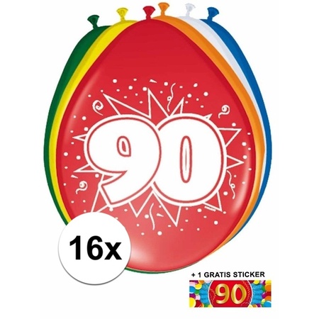 Versiering 90 jaar ballonnen 30 cm 16x + sticker
