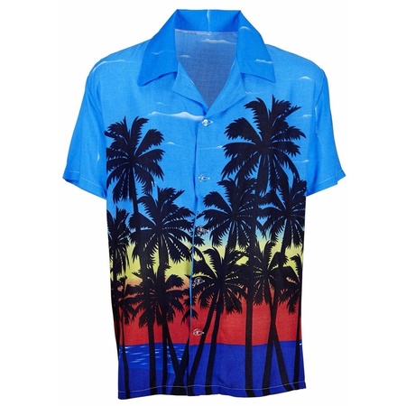 Toppers - Blauwe Hawaii verkleed blouse met palmboomprint voor heren
