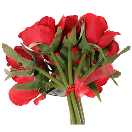 Boeketje kunstbloemen - rozen - rood - 20 cm - 9x stuks