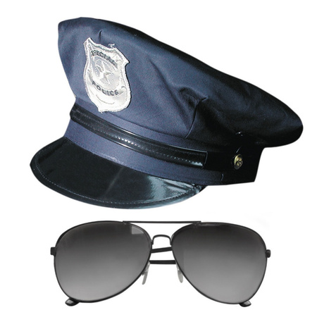 Carnaval verkleed politiepet - met donkere zonnebril - blauw - heren/dames - verkleedkleding