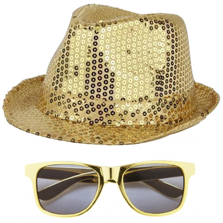 Toppers in concert - Carnaval verkleed set hoed en bril goud glitters