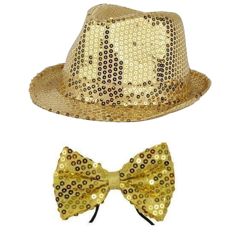 Toppers - Carnaval verkleed set hoed en strik goud glitters