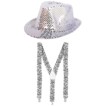 Toppers in concert - Carnaval verkleed set hoed met bretels zilver glitters