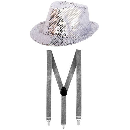 Toppers - Carnaval verkleed set hoed met bretels zilver glitters