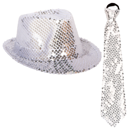 Toppers - Carnaval verkleed set hoed met stropdas zilver glitters