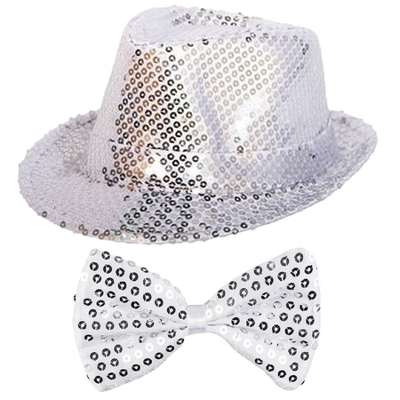 Toppers in concert - Carnaval verkleed set hoed met vlinderstrikje zilver glitters