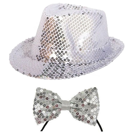 Toppers - Carnaval verkleed set hoed met vlinderstrikje zilver glitters