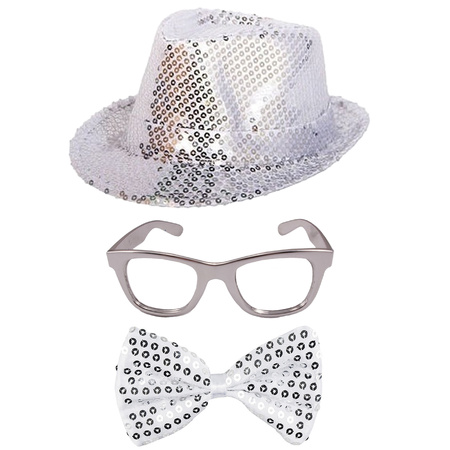 Toppers - Carnaval verkleed set hoed-strikje-bril zilver glitters