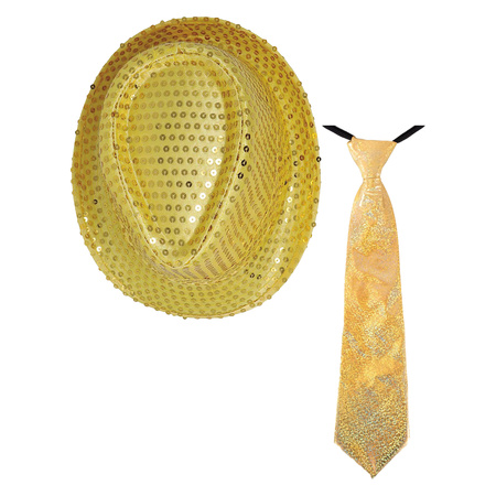 Carnaval verkleed set - hoedje en stropdas - goud - heren/dames - glimmend