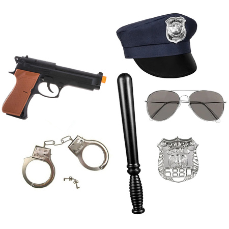 Carnaval police officers set XL - hat/sunglasses/bat/badge/gun/handcuffs - adults