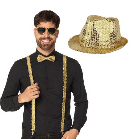 Toppers - Party carnaval set Supercool - glitter hat/suspenders/party glasses/bowtie - gold - men/woman