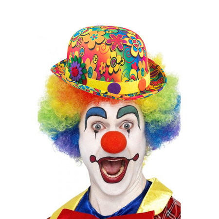 Clown verkleed set gekleurde pruik met bolhoed flower power