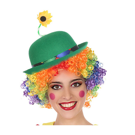 Clown verkleed set gekleurde pruik met bolhoed groen met bloem