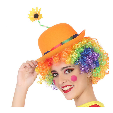 Clown verkleed set gekleurde pruik met bolhoed oranje met bloem