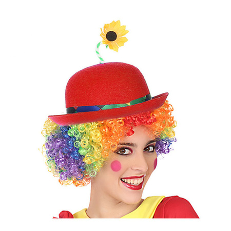 Clown verkleed set gekleurde pruik met bolhoed rood met bloem