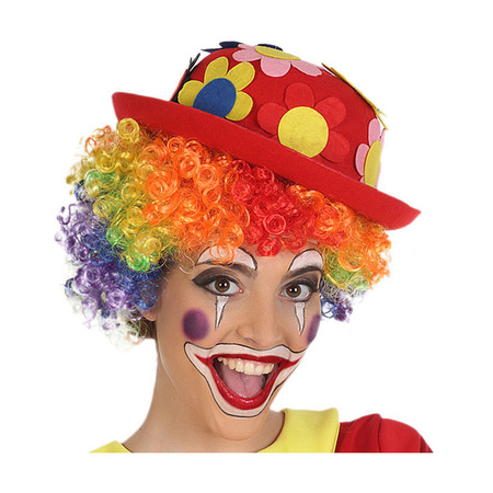 Clown verkleed set gekleurde pruik met bolhoed rood met bloemen