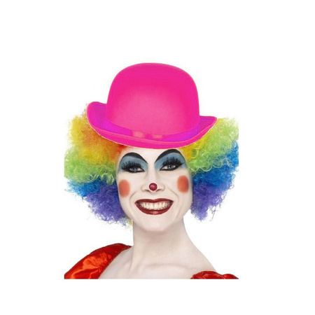 Clown verkleed set gekleurde pruik met bolhoed roze