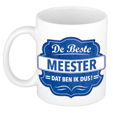 De beste meester mug / cup white with blue emblem 300 ml