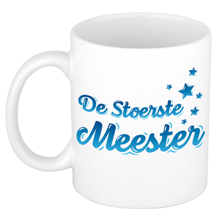 De stoerste meester gift mug / cup white and blue with stars