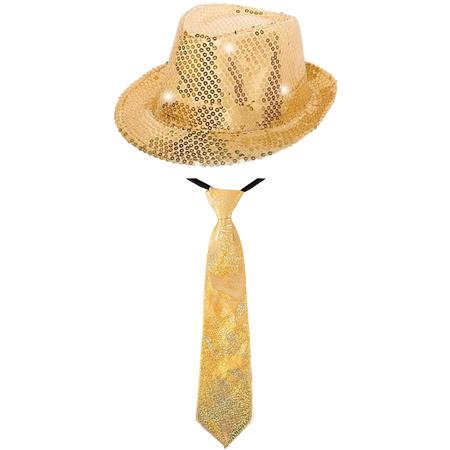 Folat party carnaval verkleed LED hoedje en stropdas goud glitters