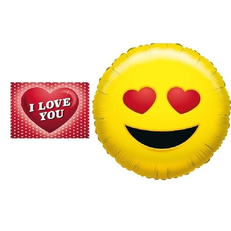 Folie ballon verliefde smiley 35 cm met valentijnskaart