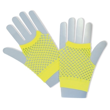 Yellow short fishnet rocker gloves for adults