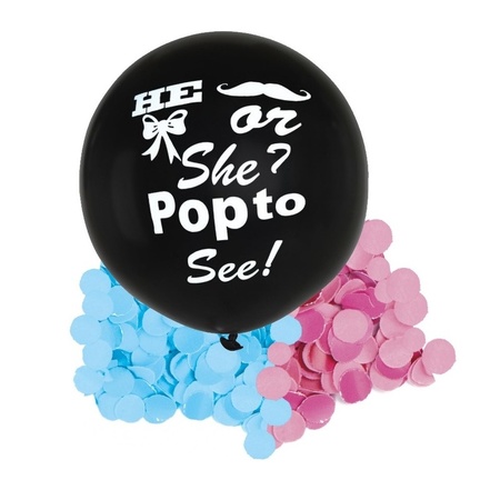 Gender reveal ballon he or she inclusief roze en blauwe confetti
