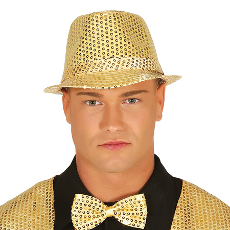 Carnaval verkleed set - hoedje en stropdas - goud - heren/dames - glimmend
