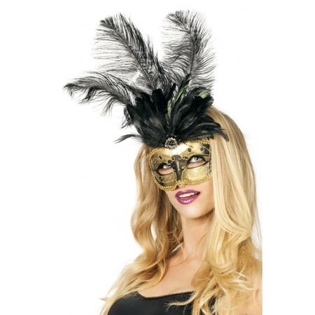 Gold Venetian eye mask with black feathers