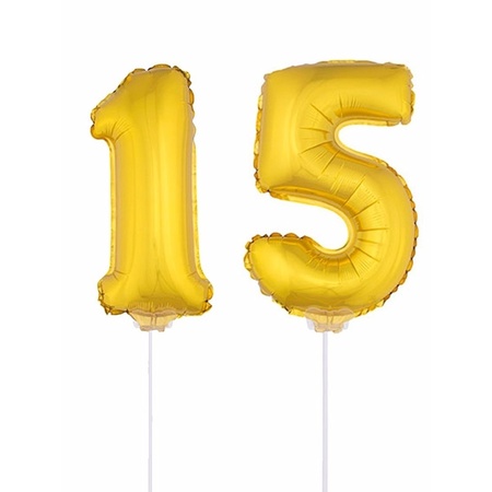 Inflatable gold foil balloon number 15 on stick