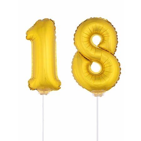 Inflatable gold foil balloon number 18 on stick