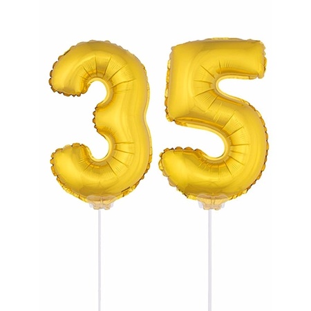 Inflatable gold foil balloon number 35 on stick