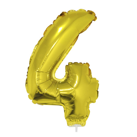 Gouden opblaas cijfer ballon 4 op stokje 41 cm