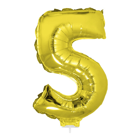 Gouden opblaas cijfer ballon 5 op stokje 41 cm