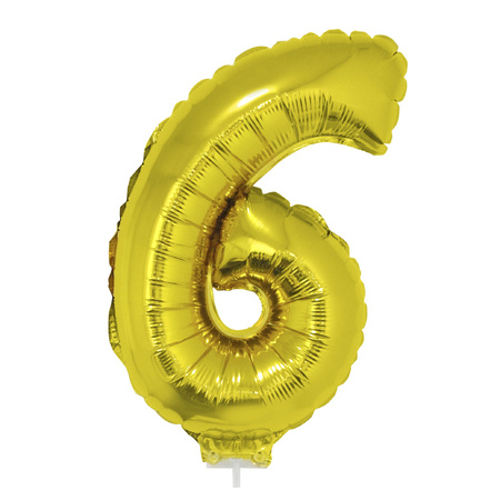 Gouden opblaas cijfer ballon 6 op stokje 41 cm
