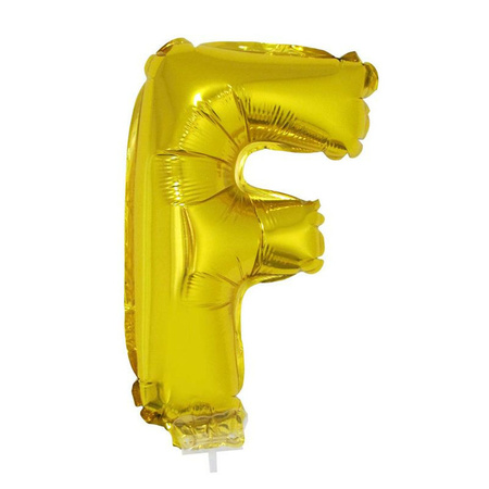 Golden inflatable letter balloon F on a stick