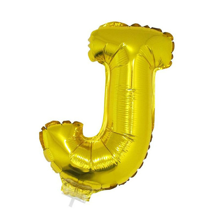 Golden inflatable letter balloon J on a stick