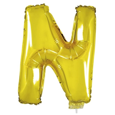 Golden inflatable letter balloon N on a stick