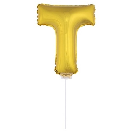 Golden inflatable letter balloon T on a stick