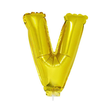 Golden inflatable letter balloon V on a stick