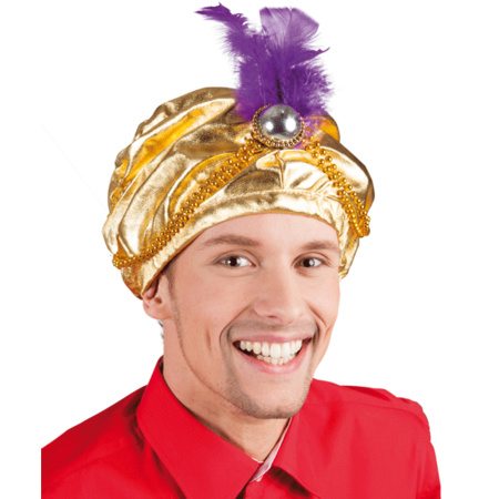 Gouden Sultan hoed met veer verkleedkleding verkleedaccessoire