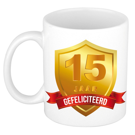 Gold shield 15 year mug - birthday / anniversary